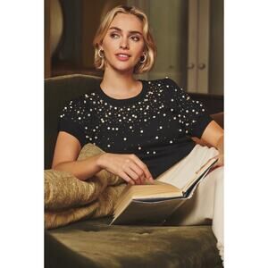 NEW Adrianna Papell Black Faux Pearl Rhinestone Embellished Puff Sleeve Crew Top